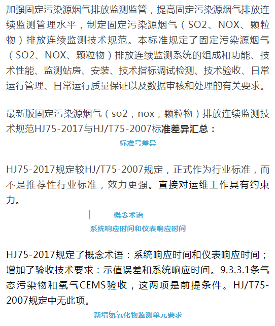 煙氣（so2，nox，顆粒物）排放連續(xù)監(jiān)測技術(shù)規(guī)范 HJ75-2017與HJ/T75-2007標(biāo)準(zhǔn)究竟有何不同